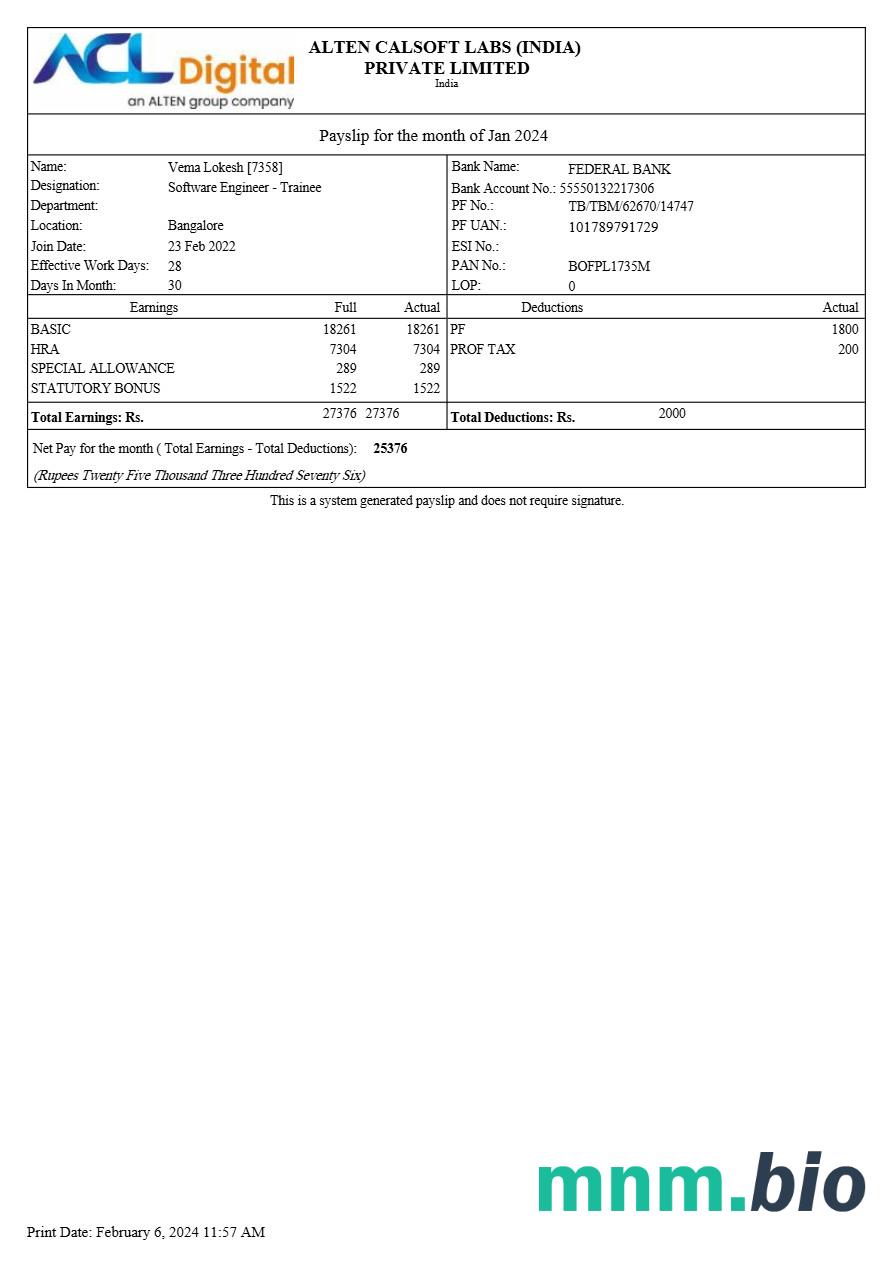 Alten Calsoft Labs ACL Digital payslip template w formatach Word i PDF